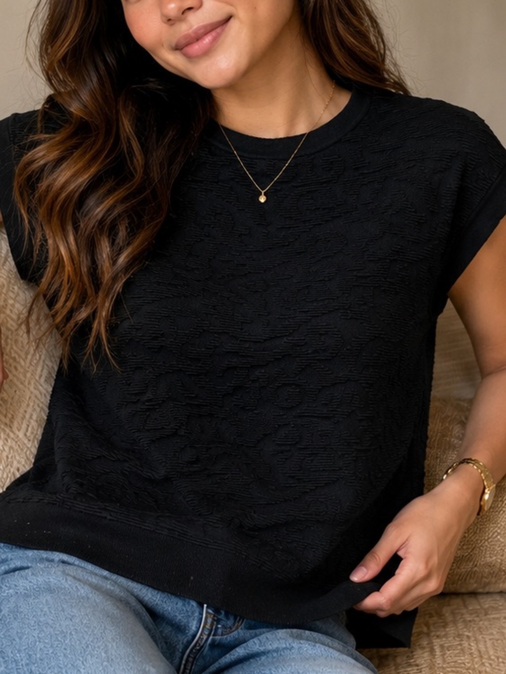 Theory Sorchan E Black Textured Jacquard Cap Sleeve Crew Neck Knit Top Size P XS